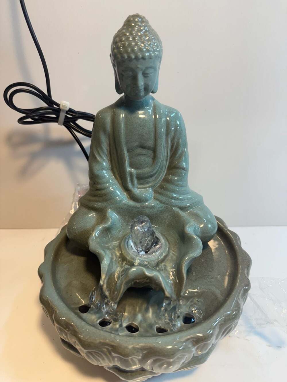 Meditating Buddha Tabletop Water Fountain Green Ceramic Zen Decor